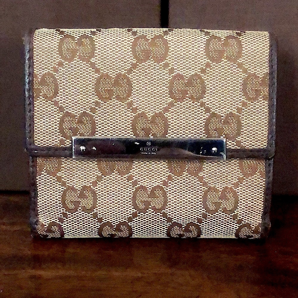 GUCCI GG Web Monogram Brown Leather Tan Canvas Trifold Wallet